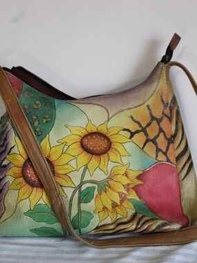 Anuschka Multicolor Floral Shoulder Bag Brown Strap Inner Pockets Preloved